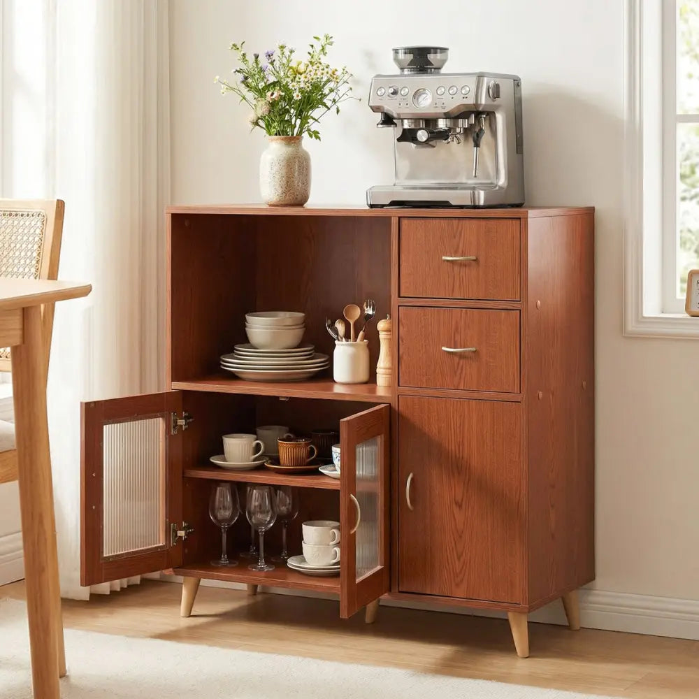 36 Inch Sideboard Buffet Cabinet with Open Compartment-Brown - Brown - Sideboards Cabinets & Buffets