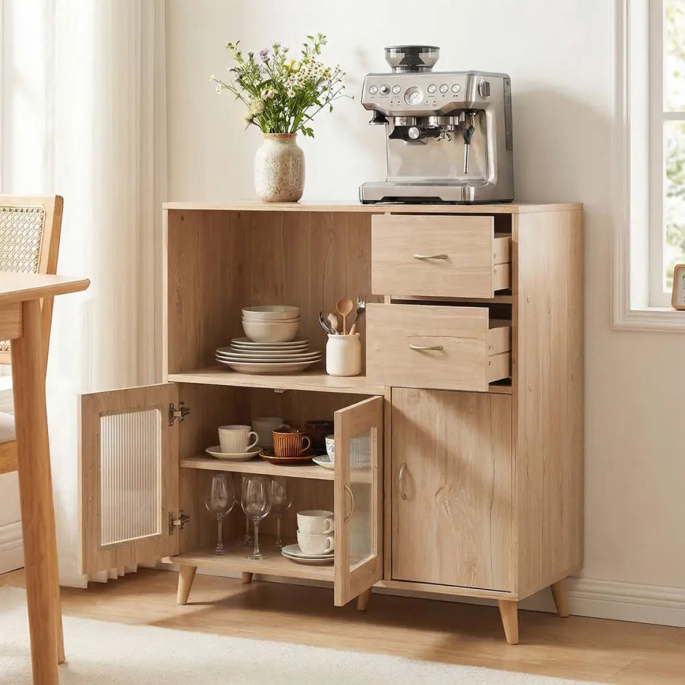 36 Inch Sideboard Buffet Cabinet with Open Compartment-Natural - Natural - Sideboards Cabinets & Buffets