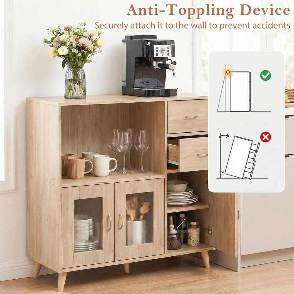 36 Inch Sideboard Buffet Cabinet with Open Compartment-Natural - Natural - Sideboards Cabinets & Buffets
