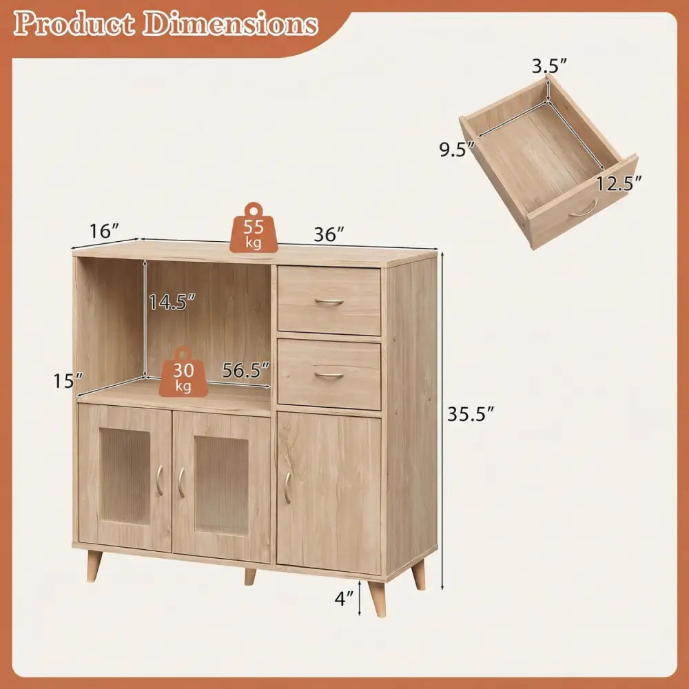 36 Inch Sideboard Buffet Cabinet with Open Compartment-Natural - Natural - Sideboards Cabinets & Buffets
