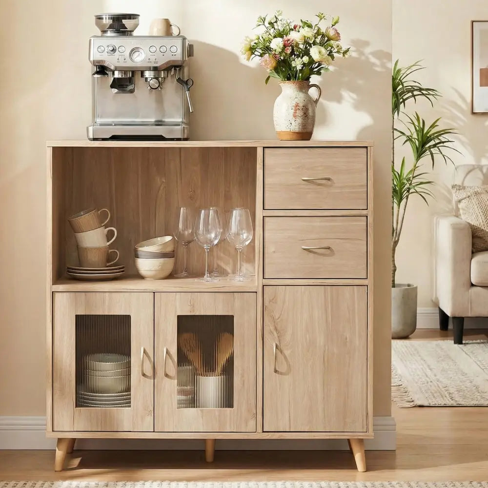 36 Inch Sideboard Buffet Cabinet with Open Compartment-Natural - Natural - Sideboards Cabinets & Buffets