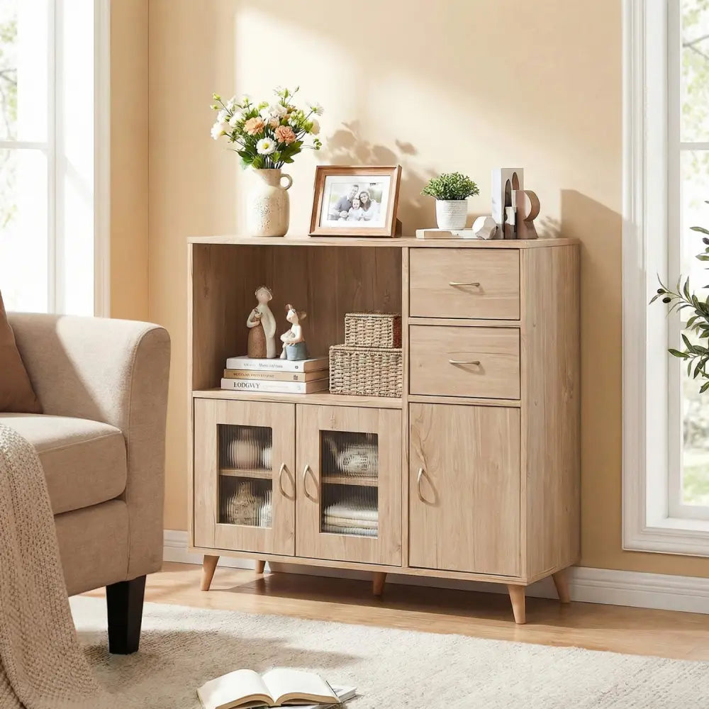 36 Inch Sideboard Buffet Cabinet with Open Compartment-Natural - Natural - Sideboards Cabinets & Buffets