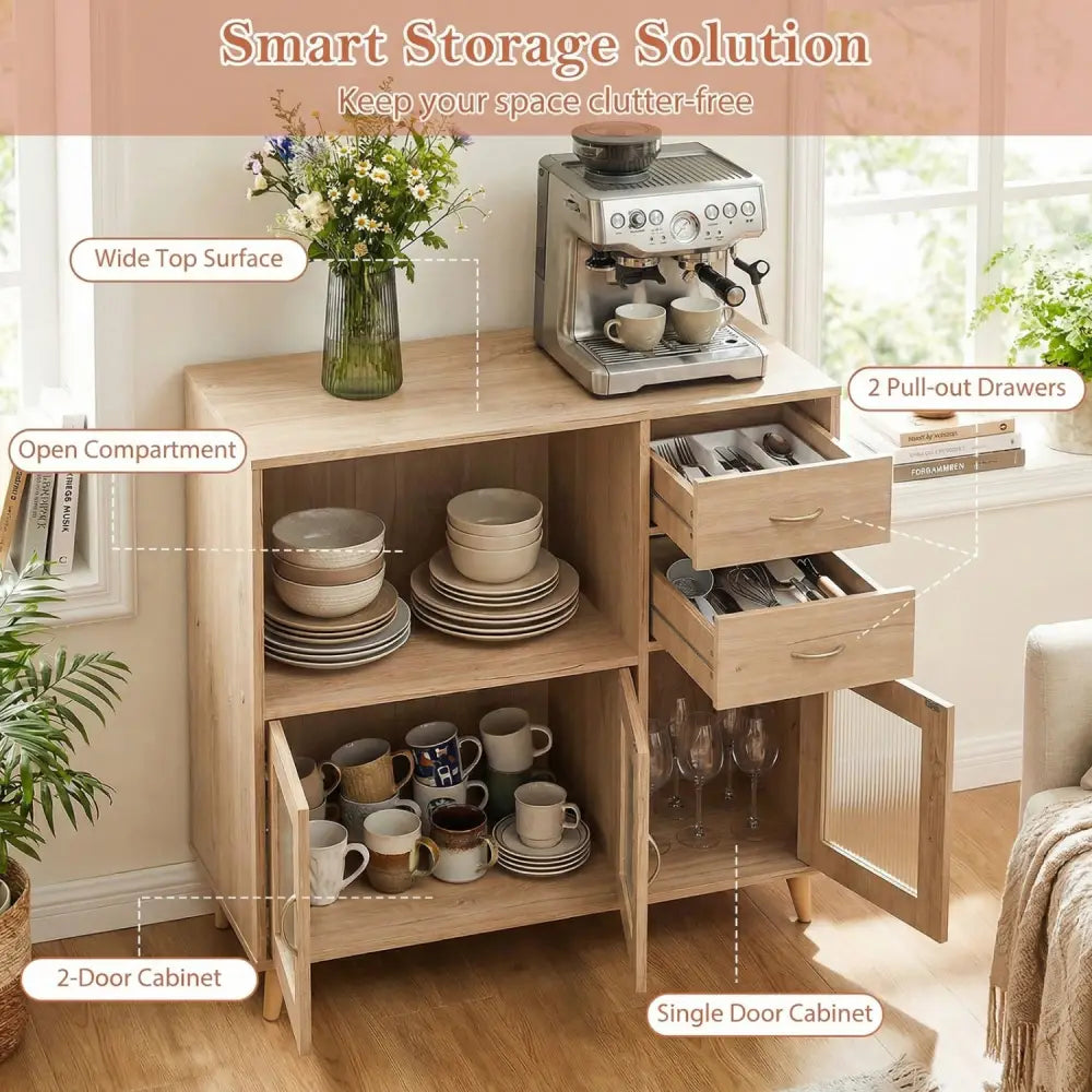 36 Inch Sideboard Buffet Cabinet with Open Compartment-Natural - Natural - Sideboards Cabinets & Buffets