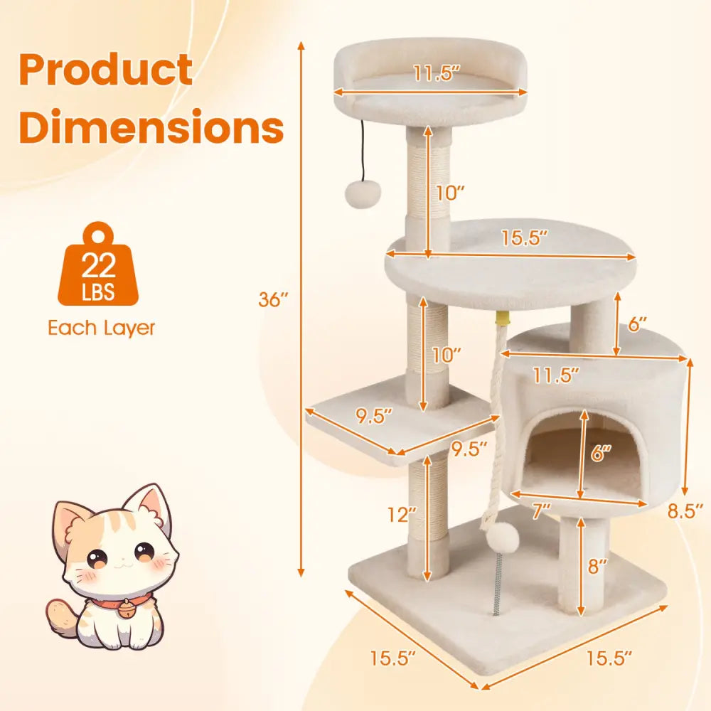 36 Inch Tall Kitten Tower with Condo and Plush Perch-Beige - Beige - Cat Trees Condos & Scratchers
