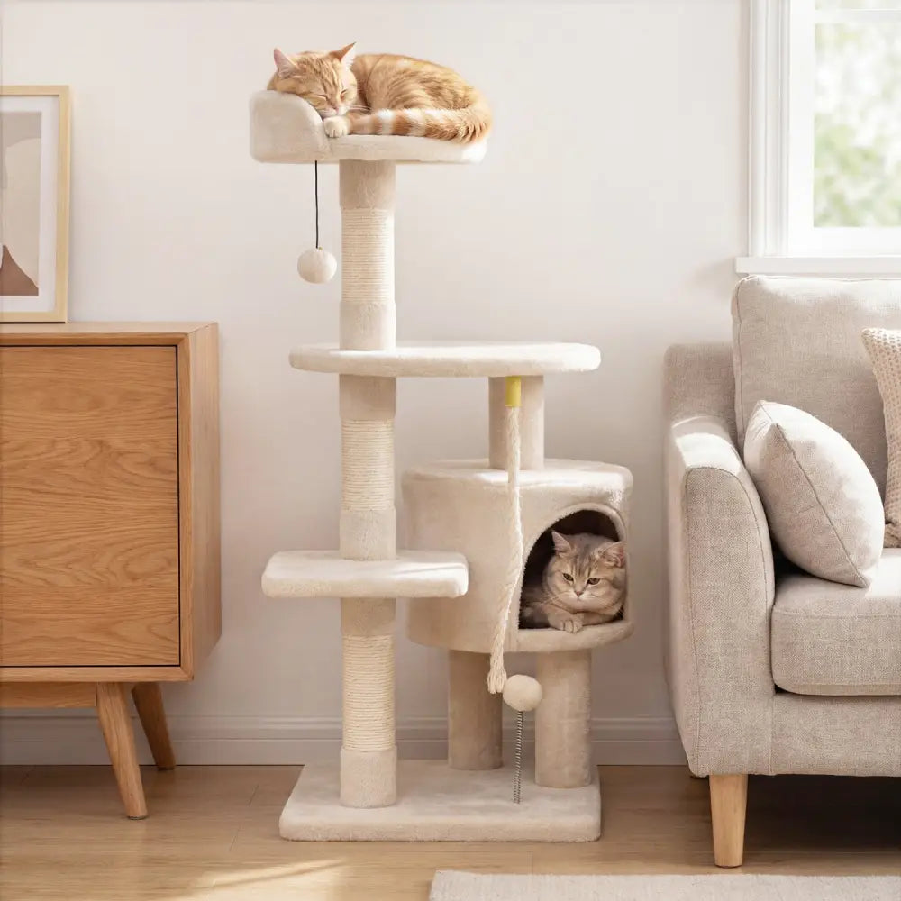 36 Inch Tall Kitten Tower with Condo and Plush Perch-Beige - Beige - Cat Trees Condos & Scratchers