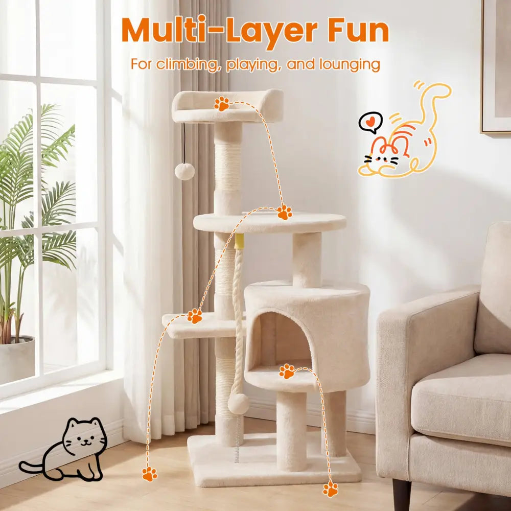 36 Inch Tall Kitten Tower with Condo and Plush Perch-Beige - Beige - Cat Trees Condos & Scratchers