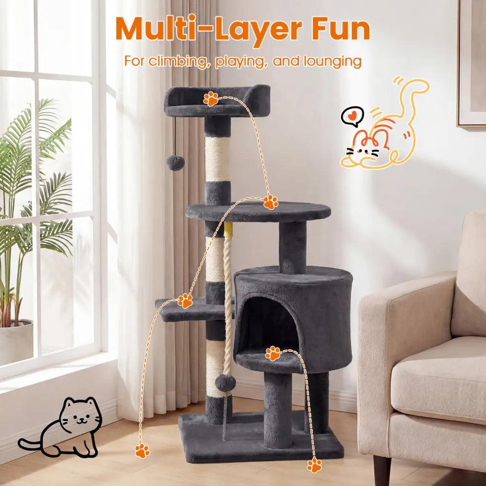 36 Inch Tall Kitten Tower with Condo and Plush Perch-Dark Gray - Dark Gray - Cat Trees Condos & Scratchers