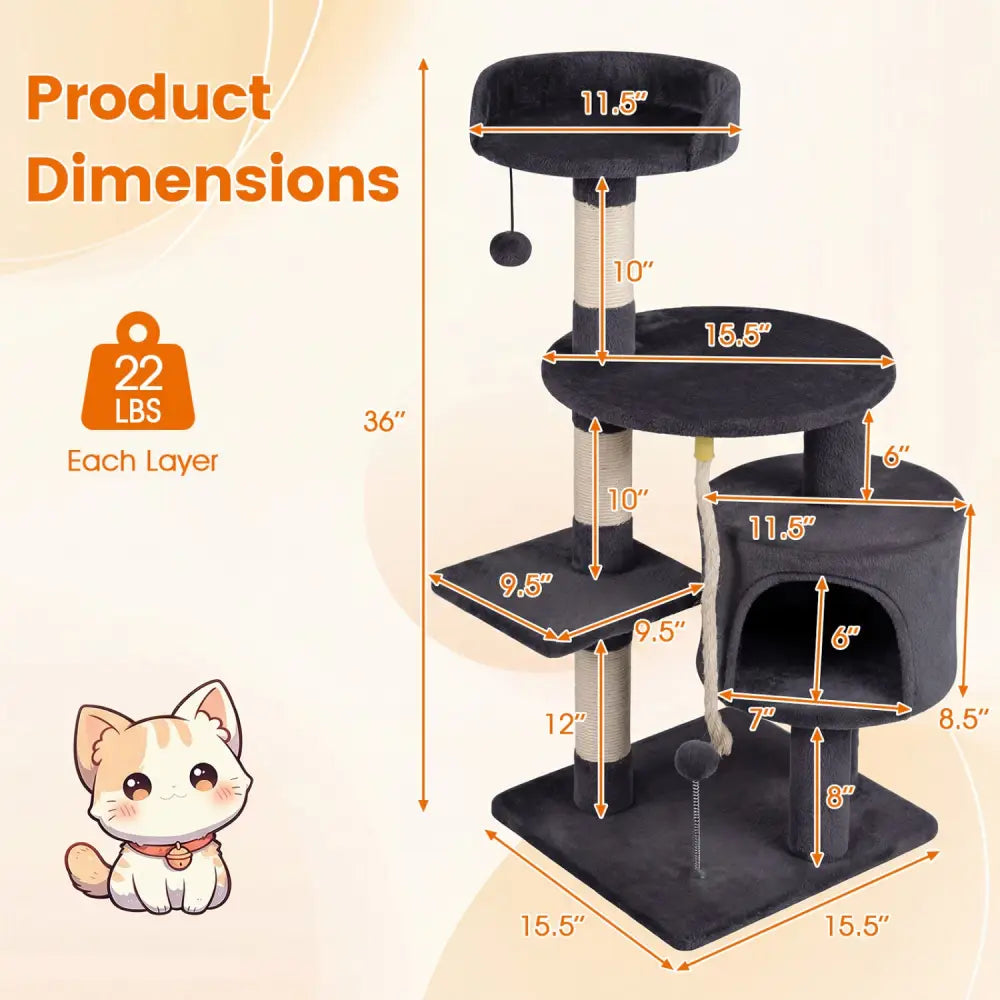 36 Inch Tall Kitten Tower with Condo and Plush Perch-Dark Gray - Dark Gray - Cat Trees Condos & Scratchers