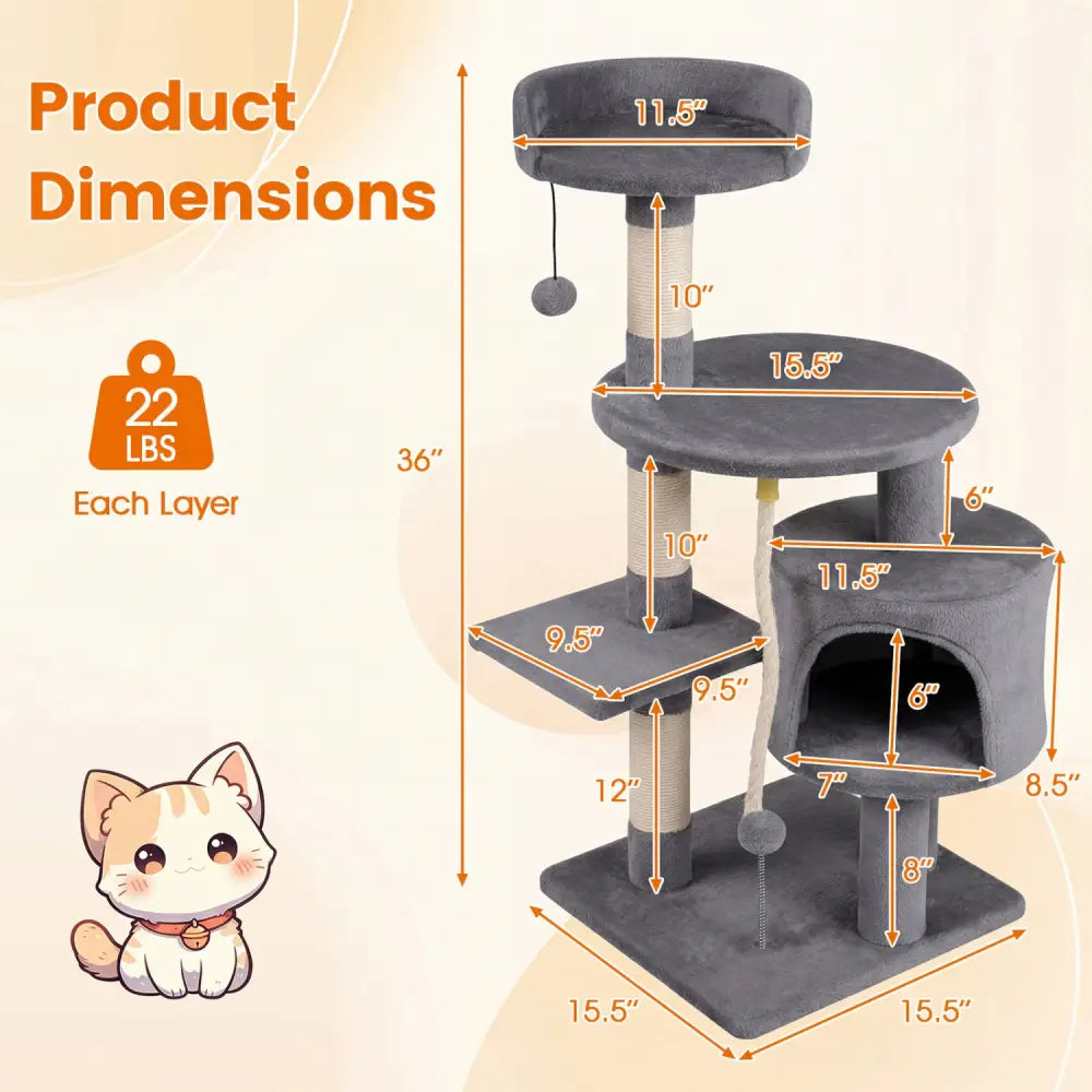 36 Inch Tall Kitten Tower with Condo and Plush Perch-Light Gray - Light Gray - Cat Trees Condos & Scratchers
