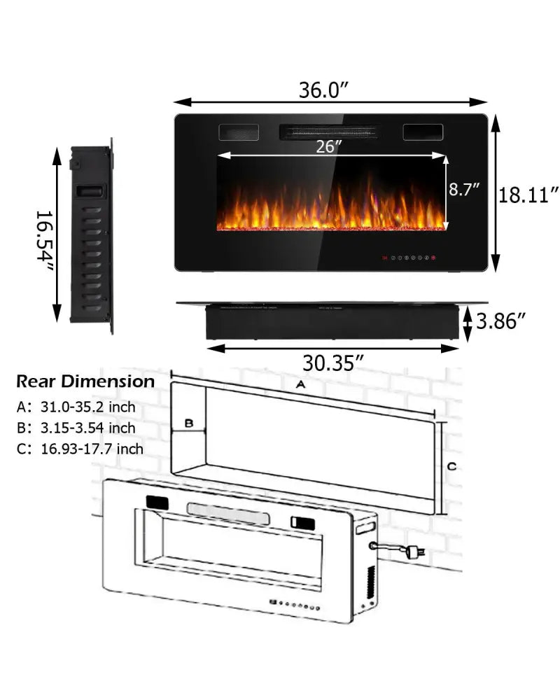 36 Inch Ultra Thin Wall Mounted Electric Fireplace - Black - Fireplaces
