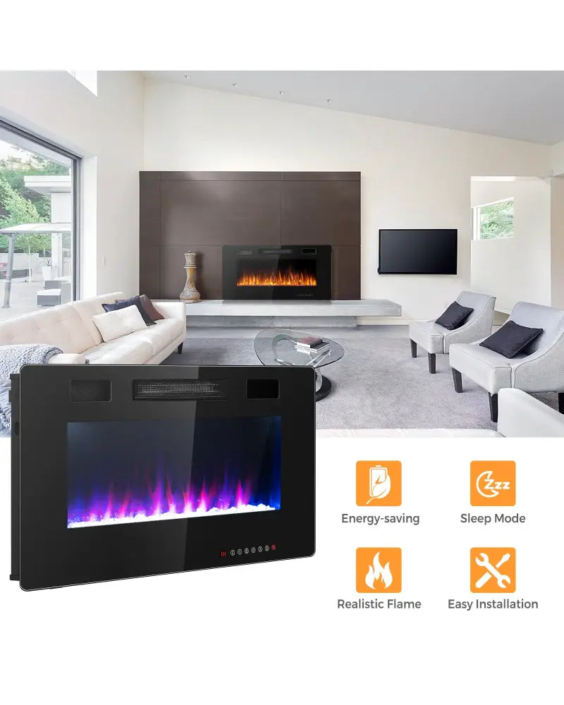 36 Inch Ultra Thin Wall Mounted Electric Fireplace - Black - Fireplaces