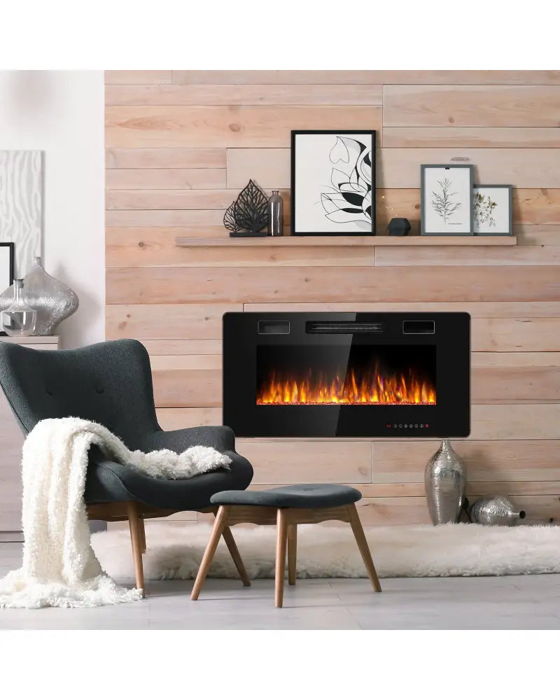 36 Inch Ultra Thin Wall Mounted Electric Fireplace - Black - Fireplaces