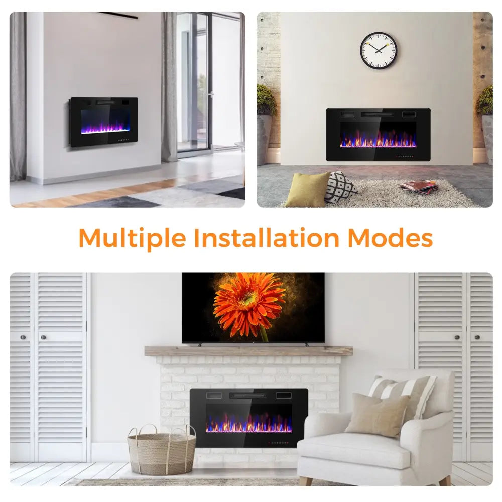 36 Inch Ultra Thin Wall Mounted Electric Fireplace - Black - Fireplaces