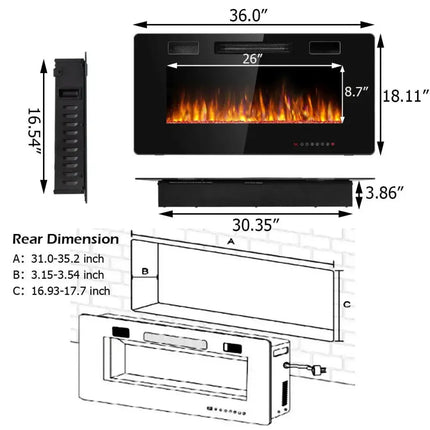 36 Inch Ultra Thin Wall Mounted Electric Fireplace Costway
