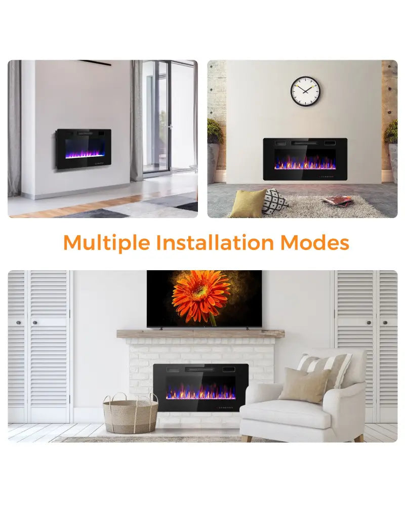 36 Inch Ultra Thin Wall Mounted Electric Fireplace - Black - Fireplaces