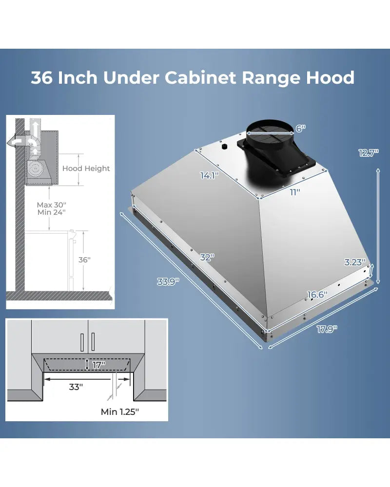 36 Inch Under Cabinet Range Hood with 4 Fan Speeds and Baffles Filters-Silver - Silver - Kitchen Appliances