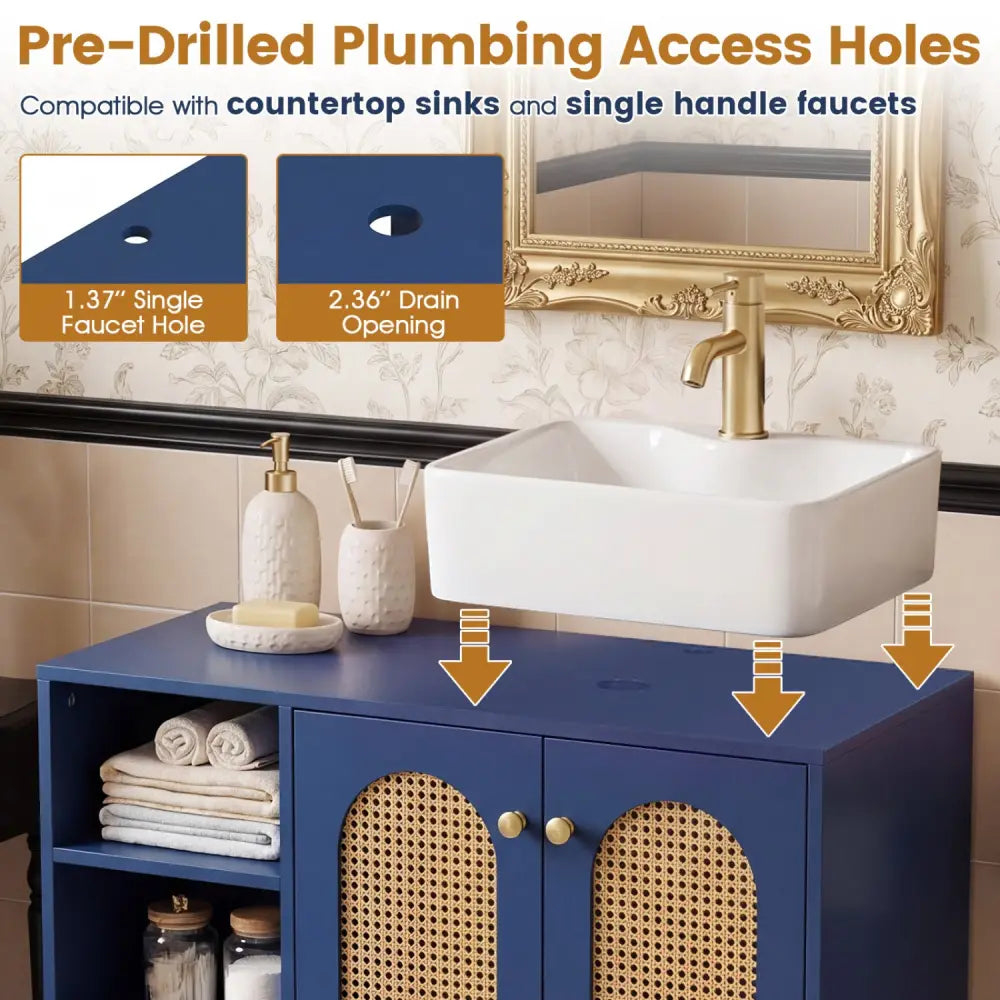 36 Inch Under Sink Cabinet Boho Sink Base Cabinet for Vessel Sinks and Single-Handle Faucets-Navy - Navy - Floor