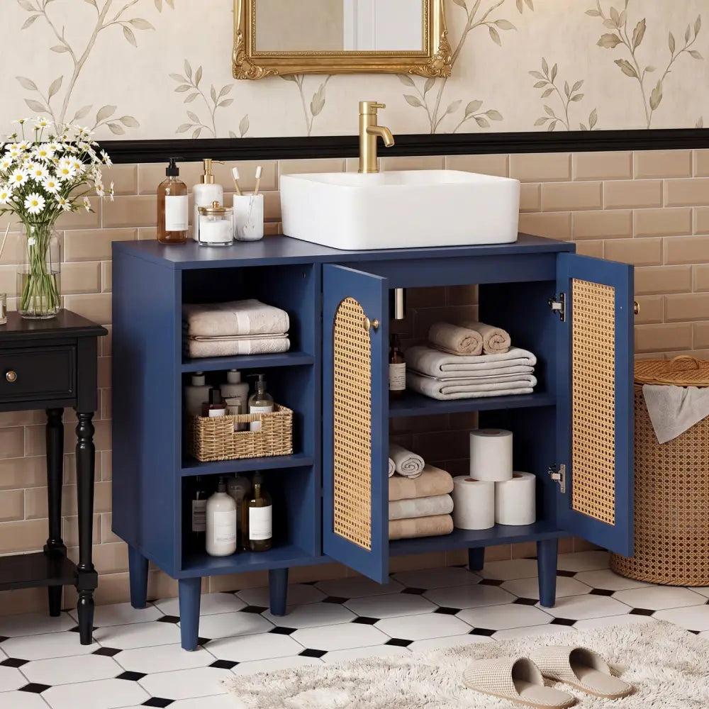 36 Inch Under Sink Cabinet Boho Sink Base Cabinet for Vessel Sinks and Single-Handle Faucets-Navy - Navy - Floor