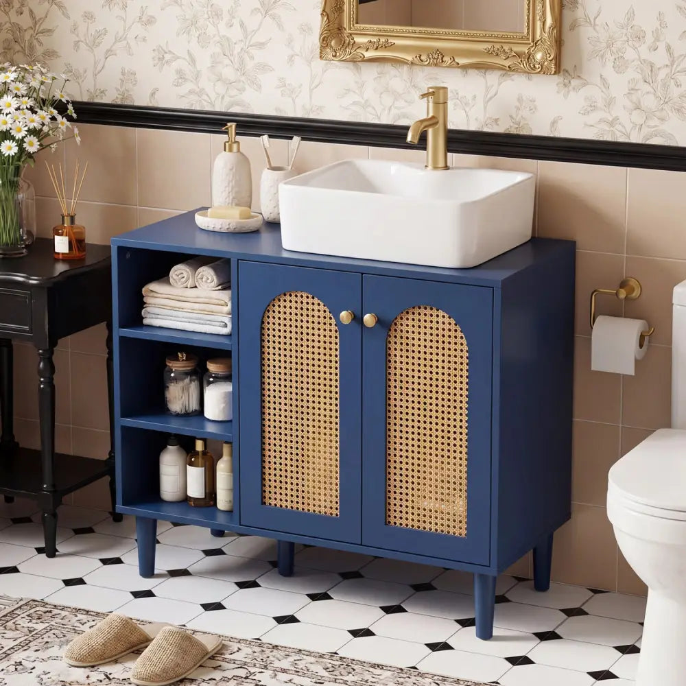 36 Inch Under Sink Cabinet Boho Sink Base Cabinet for Vessel Sinks and Single-Handle Faucets-Navy - Navy - Floor