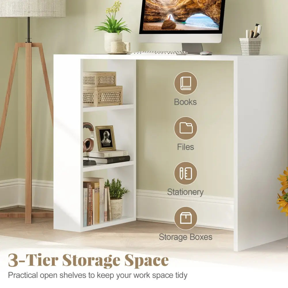 36 Inch White Computer Desk with 3 Open Shelves for Home Office Study-White - White - Writing Desks