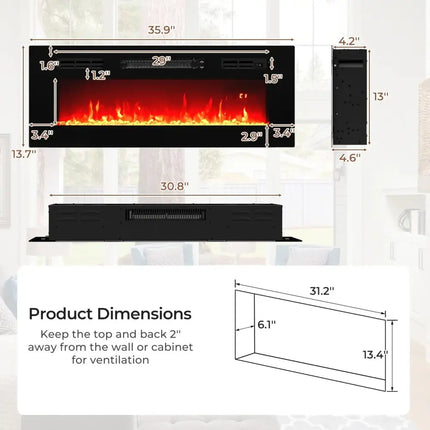 36 Inches Electric Fireplace Heater Recessed with LED Strip Lights and Remote Control Costway