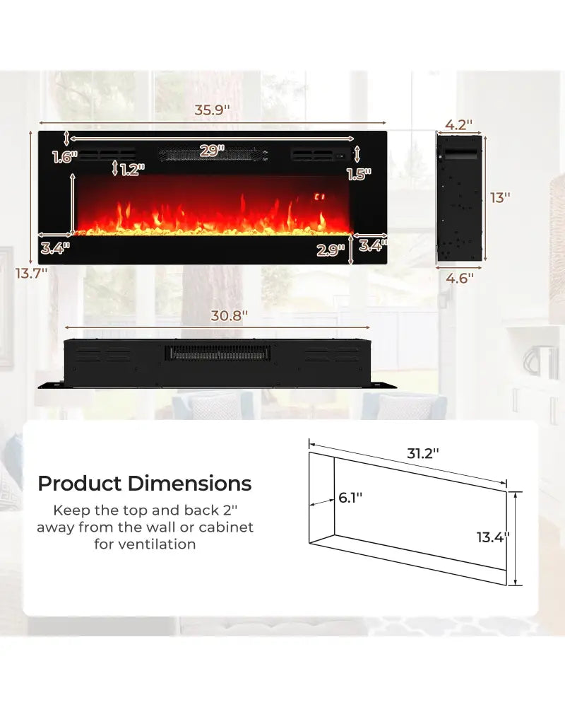 36 Inches Electric Fireplace Heater Recessed with LED Strip Lights and Remote Control - Black - Fireplaces