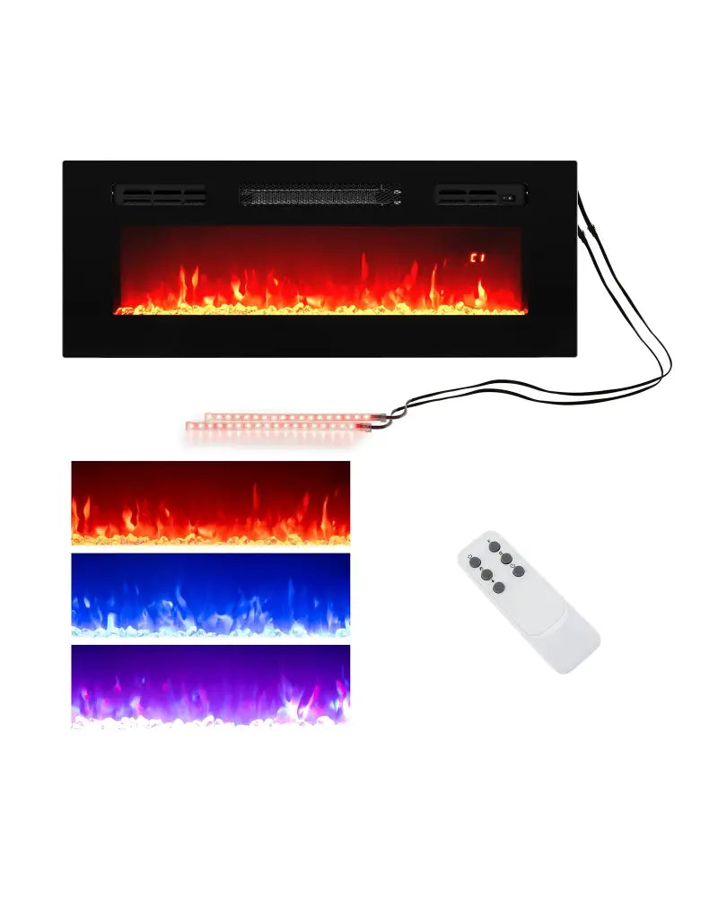 36 Inches Electric Fireplace Heater Recessed with LED Strip Lights and Remote Control - Black - Fireplaces
