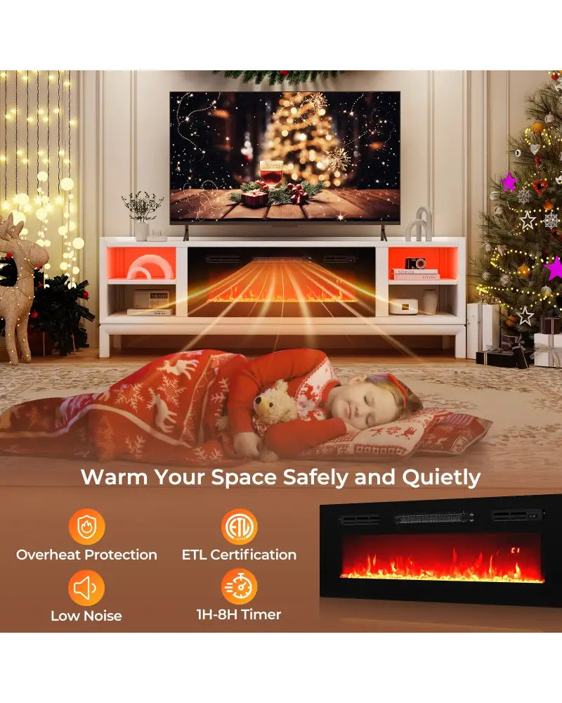36 Inches Electric Fireplace Heater Recessed with LED Strip Lights and Remote Control - Black - Fireplaces