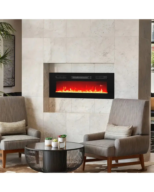 36 Inches Electric Fireplace Heater Recessed with LED Strip Lights and Remote Control - Black - Fireplaces