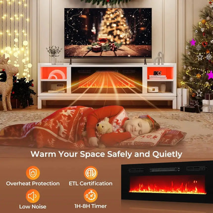 36 Inches Electric Fireplace Heater Recessed with LED Strip Lights and Remote Control Costway