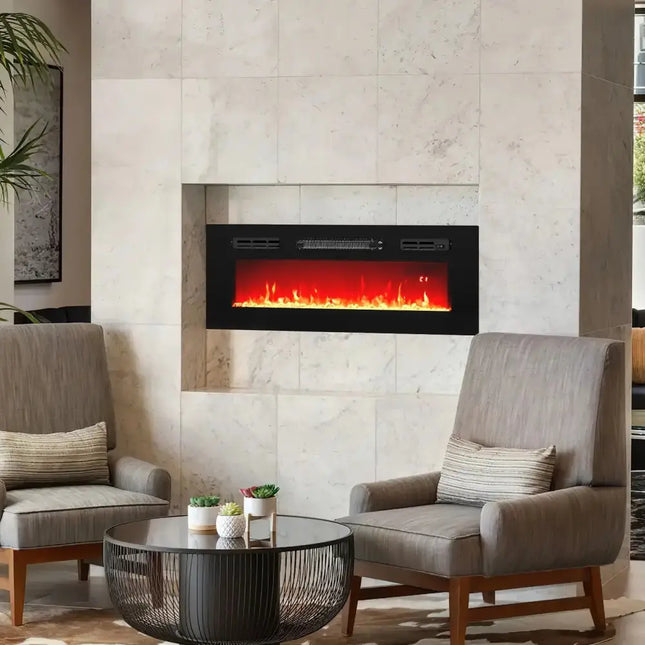36 Inches Electric Fireplace Heater Recessed with LED Strip Lights and Remote Control Costway