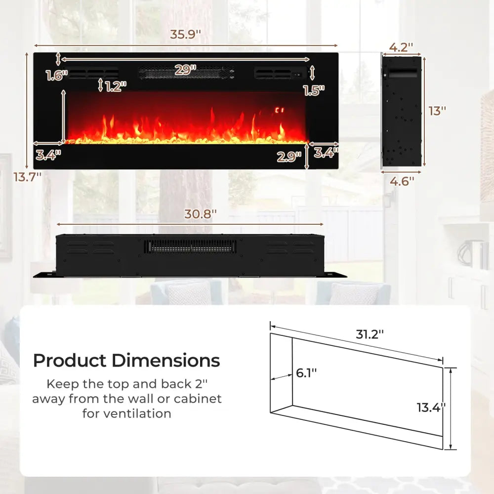 36 Inches Electric Fireplace Heater Recessed with LED Strip Lights and Remote Control - Black - Fireplaces