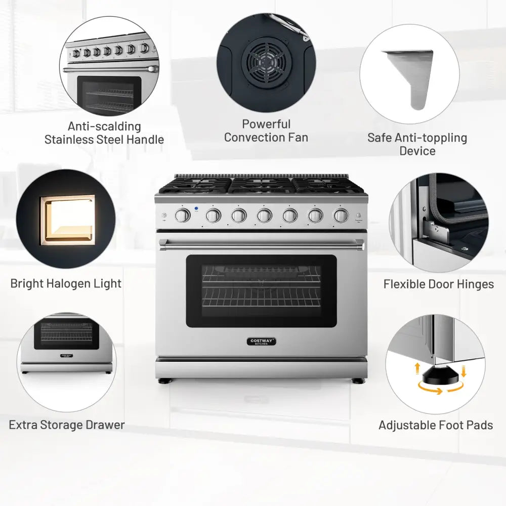 36 Inches Freestanding Natural Gas Range with 6 Burners Cooktop - Food Warmers & Burners