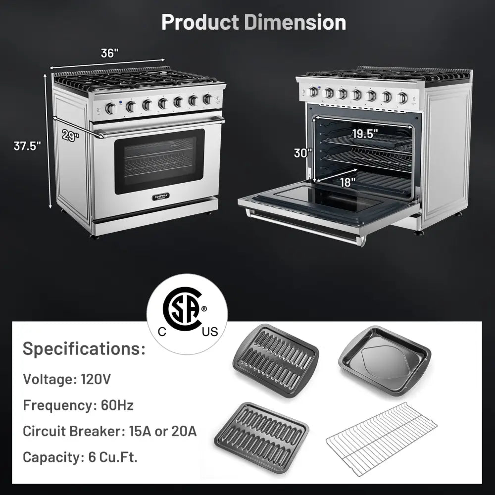 36 Inches Freestanding Natural Gas Range with 6 Burners Cooktop - Food Warmers & Burners