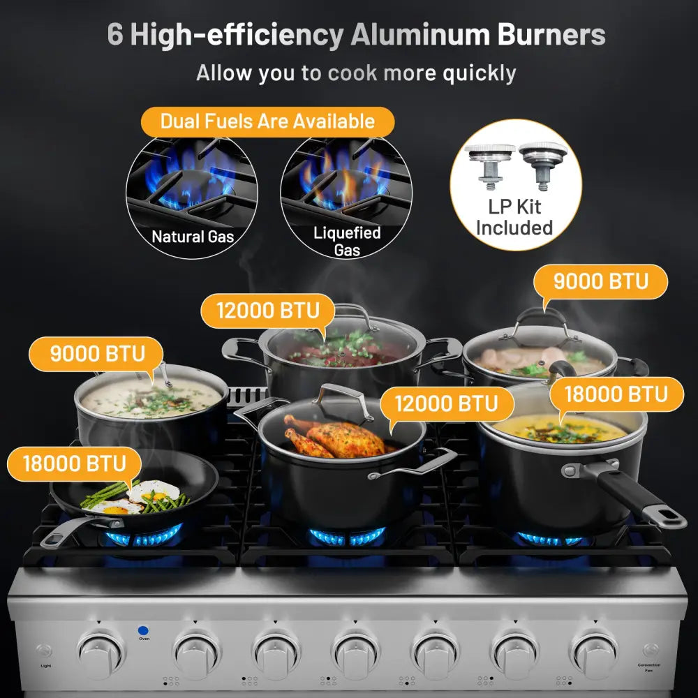 36 Inches Freestanding Natural Gas Range with 6 Burners Cooktop - Food Warmers & Burners
