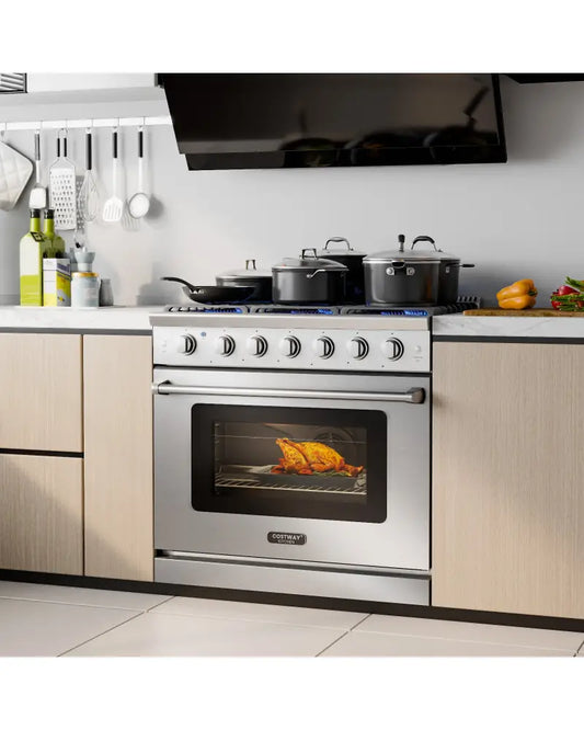 36 Inches Freestanding Natural Gas Range with 6 Burners Cooktop - Food Warmers & Burners