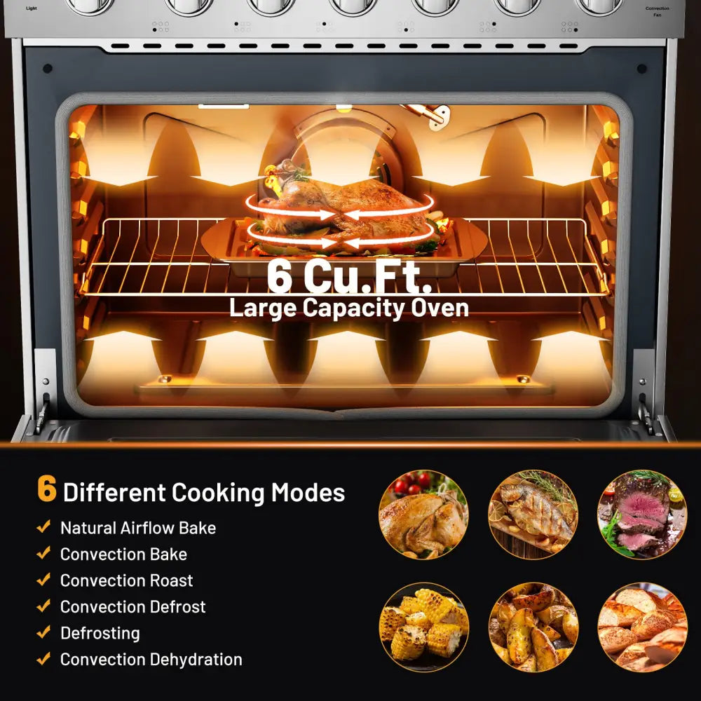 36 Inches Freestanding Natural Gas Range with 6 Burners Cooktop - Food Warmers & Burners