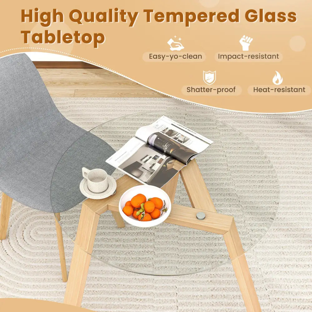 36 Inches Round Glass Dining Table for 4 with Rubber Wood Frame-Natural - Natural - Dining Tables
