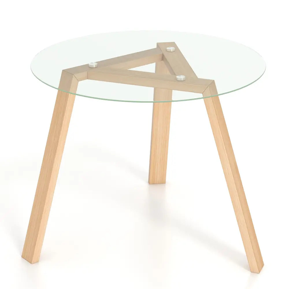 36 Inches Round Glass Dining Table for 4 with Rubber Wood Frame-Natural - Natural - Dining Tables