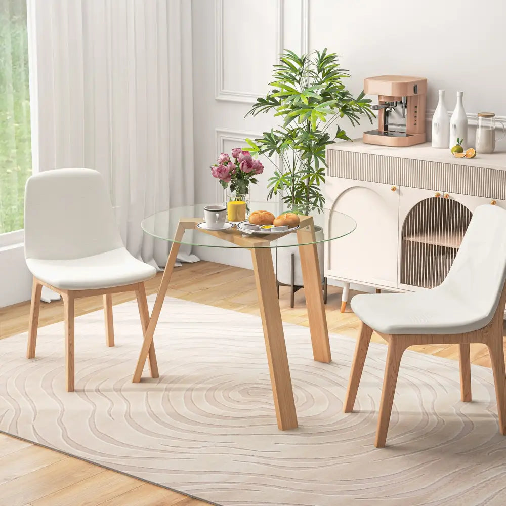 36 Inches Round Glass Dining Table for 4 with Rubber Wood Frame-Natural - Natural - Dining Tables