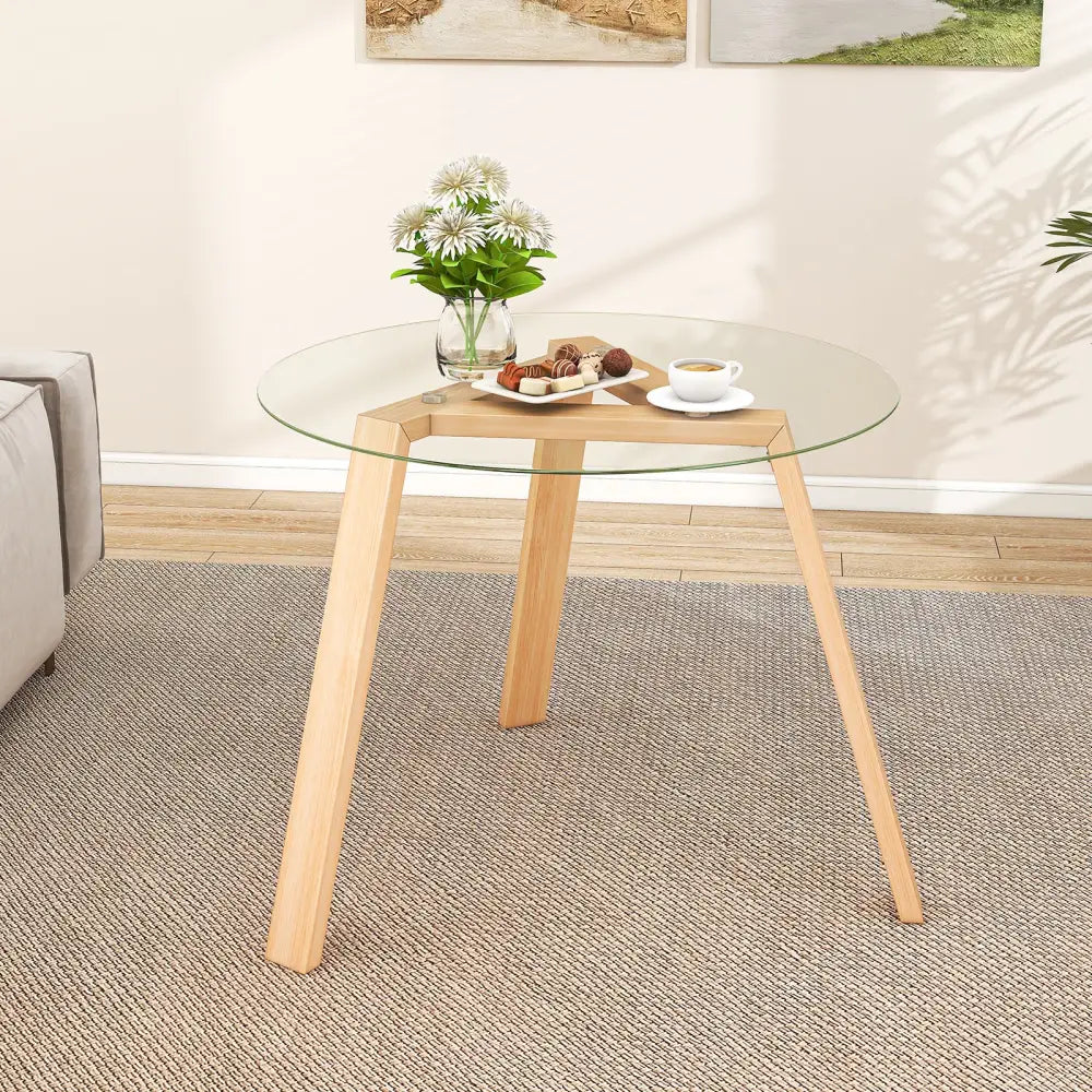 36 Inches Round Glass Dining Table for 4 with Rubber Wood Frame-Natural - Natural - Dining Tables