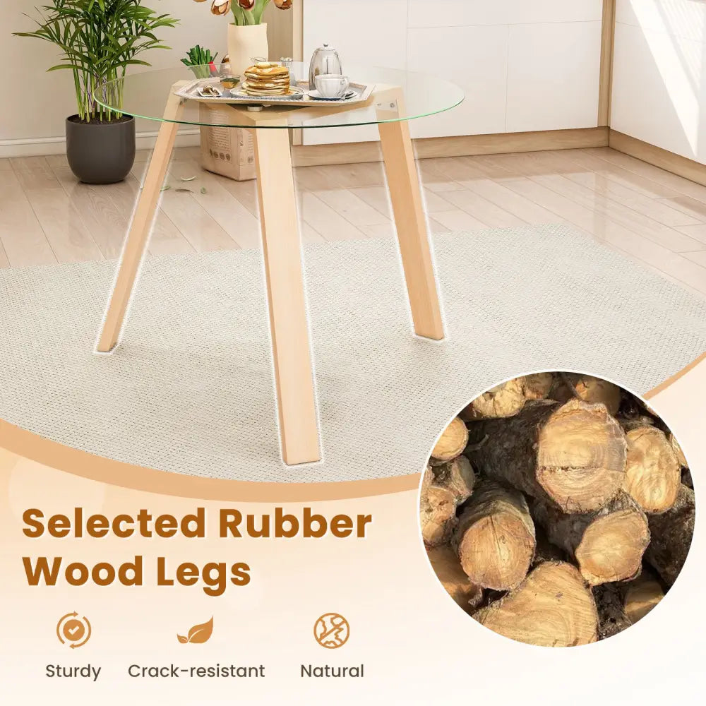36 Inches Round Glass Dining Table for 4 with Rubber Wood Frame-Natural - Natural - Dining Tables