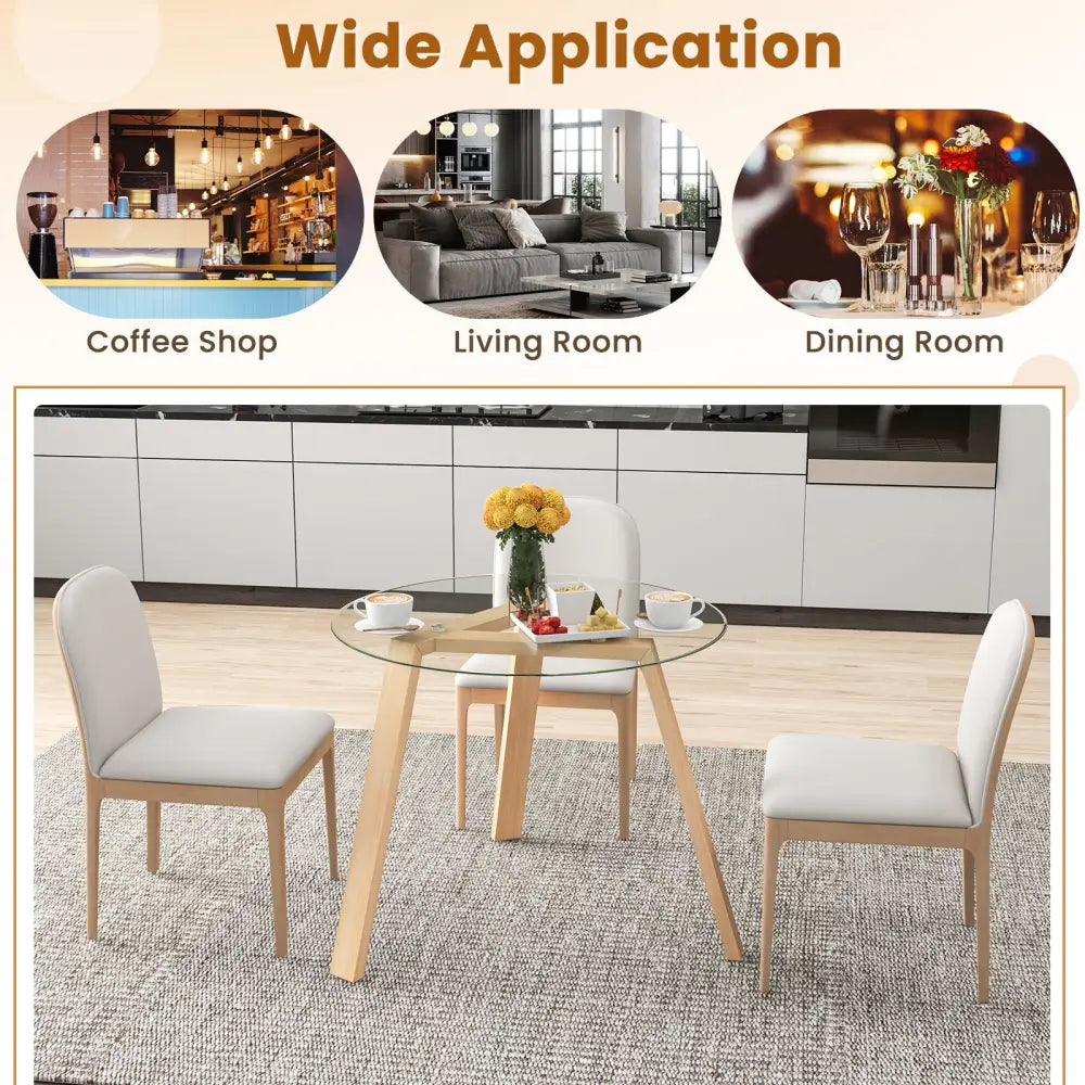 36 Inches Round Glass Dining Table for 4 with Rubber Wood Frame-Natural - Natural - Dining Tables