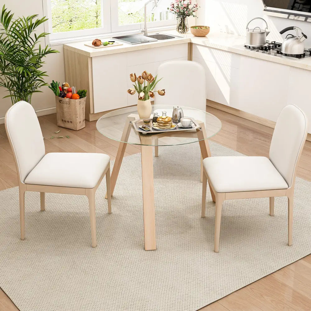 36 Inches Round Glass Dining Table for 4 with Rubber Wood Frame-Natural - Natural - Dining Tables