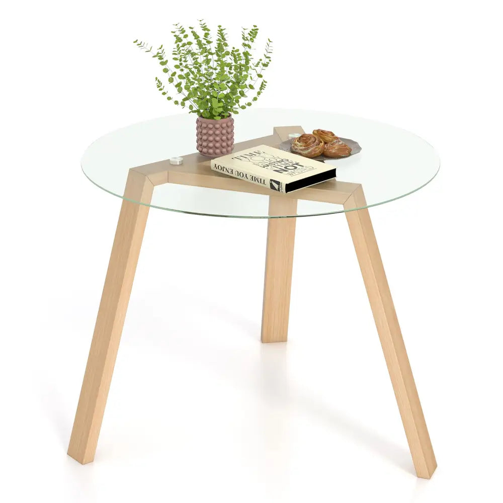 36 Inches Round Glass Dining Table for 4 with Rubber Wood Frame-Natural - Natural - Dining Tables