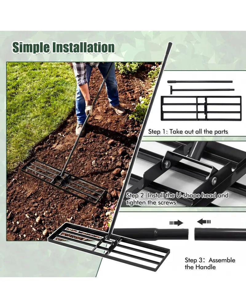 36 x 10 Inch Lawn Leveling Rake with Ergonomic Handle-Black - Black - Lawn Care Tools