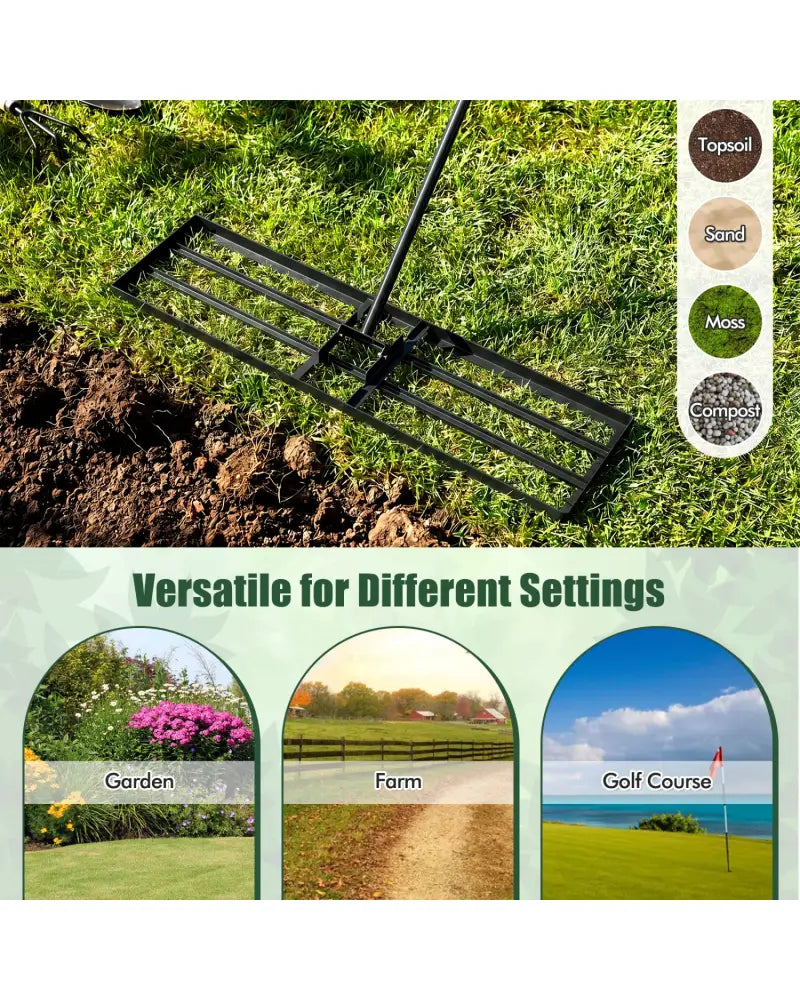 36 x 10 Inch Lawn Leveling Rake with Ergonomic Handle-Black - Black - Lawn Care Tools