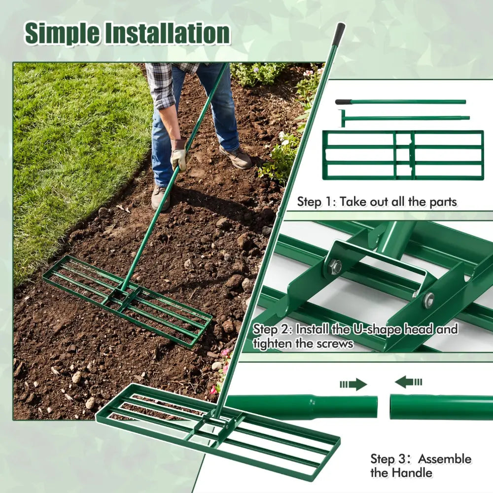 36 x 10 Inch Lawn Leveling Rake with Ergonomic Handle-Green - Green - Lawn Care Tools