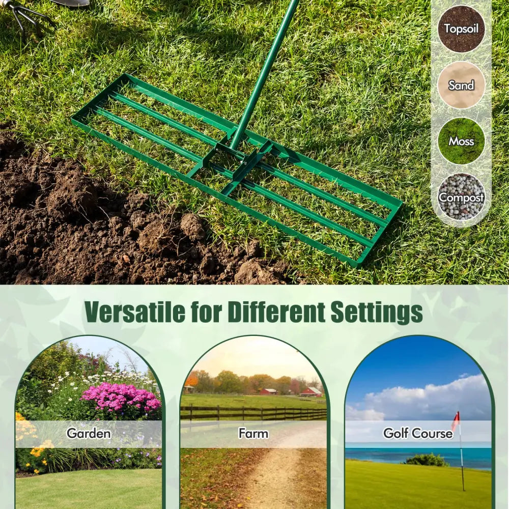 36 x 10 Inch Lawn Leveling Rake with Ergonomic Handle-Green - Green - Lawn Care Tools
