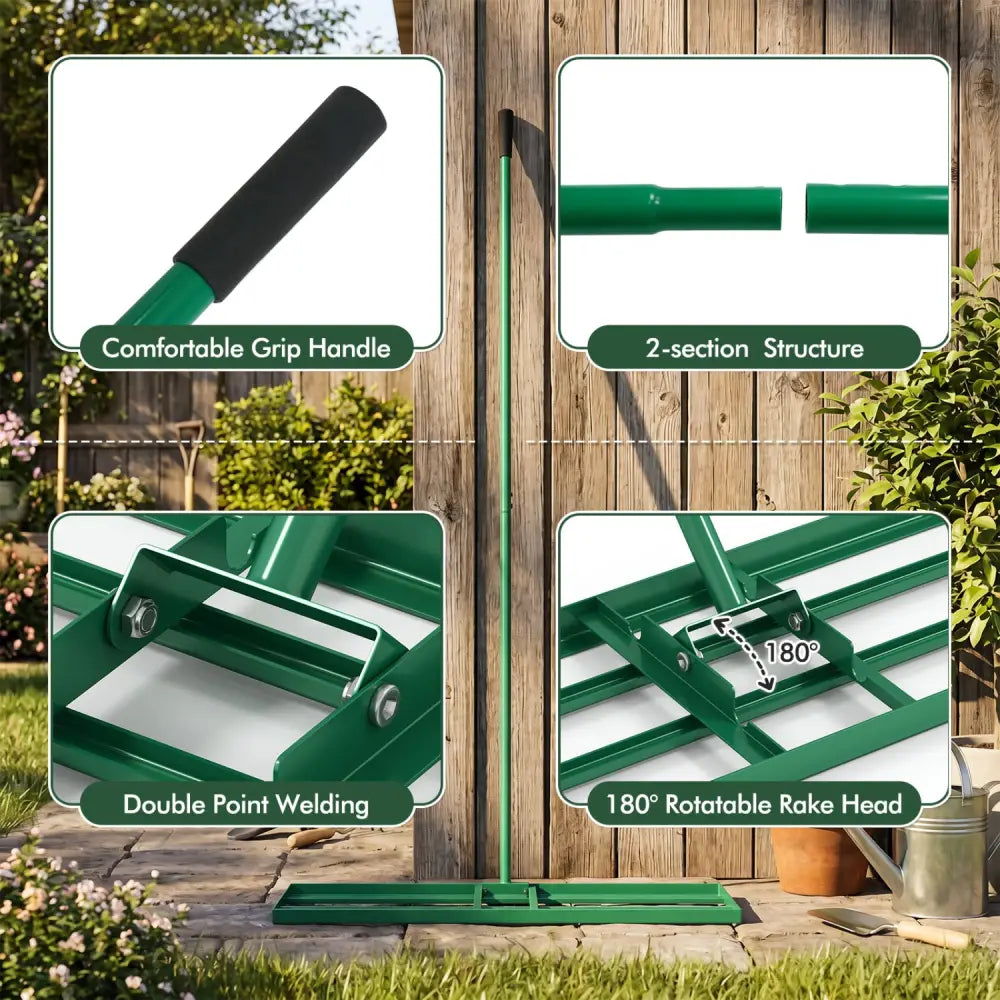 36 x 10 Inch Lawn Leveling Rake with Ergonomic Handle-Green - Green - Lawn Care Tools